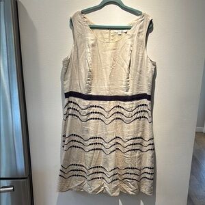 Boden Sleeveless Tan Dress with Embroidered Navy Dot Wave Trim size 18L